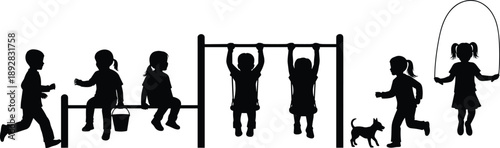 Children silhouette figures playing outdoors on playground equipment including running, sitting, hanging, and jumping rope, isolated on white background for childhood and activity concepts