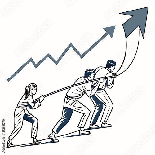 Multiple figures pulling rope attached to rising chart arrow