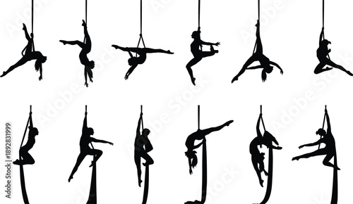 Collection of aerial acrobat and pole dancer silhouettes performing artistic gymnastics poses on hanging ropes, professional circus and fitness athletes isolated on white background, strength 
