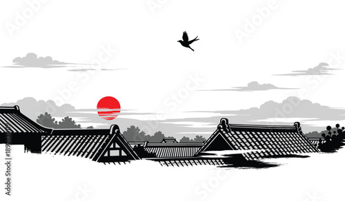 Japanese Rooftops With Bird Flying Under Red Sun And Clouds