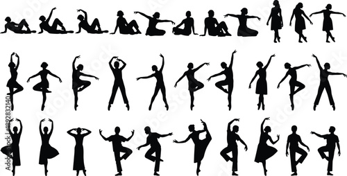 Collection of ballet and contemporary dance female silhouette poses in graceful motion isolated on white background, ideal for performing arts, fitness, choreography, and creative design concepts
