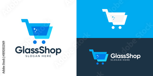 Creative modern glass shop logo template. Abstract shopping cart with glass glow industrial materials logo design vector illustration.
