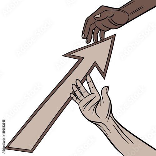 Two hands of different skin tones joining to form a pointing arrow