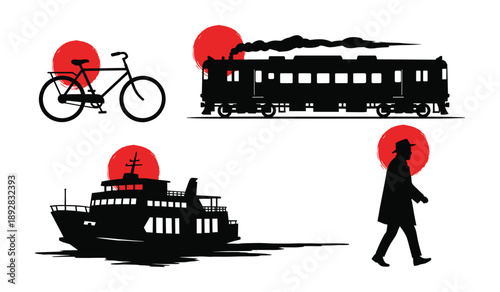 Japanese Transportation and Man Silhouettes with Red Sun Brush Strokes Keywords: japan, japanese, transportation, vehicle, bicycle, train, steam train, locomotive, ship, ferry, boat, man, walking