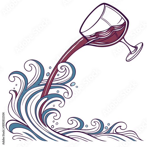 Wine pouring from glass into wavy blue and white ocean waves