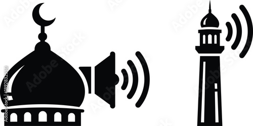Islamic call to prayer silhouette, mosque dome with crescent, minaret broadcasting sound waves, black icon design, religious audio symbol, cultural faith illustration