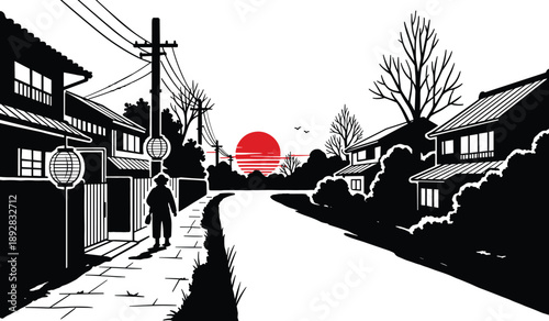 Person walking down a Japanese street towards a red sun at sunset Keywords: Japan, street, town, houses, traditional, architecture, person, walking, silhouette, red sun, sunset, sky, birds, trees