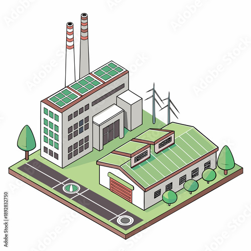 Eco friendly factory next to technology hub white background