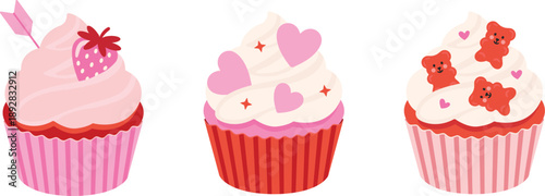 Cute cupcakes with hearts, jelly bears, strawberries, and Cupid's arrow. A romantic element for Valentine's Day, wedding, or love-themed designs.