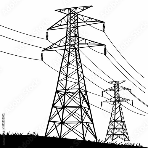 Electrical grid towers forming geometric shape on white