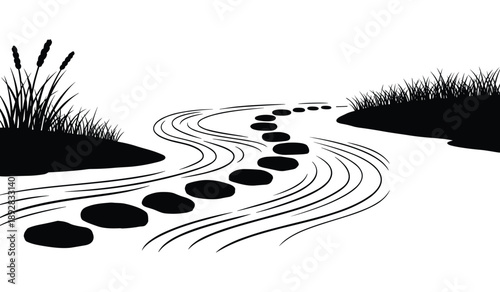 Stepping Stones Across a Winding River with Reeds grass