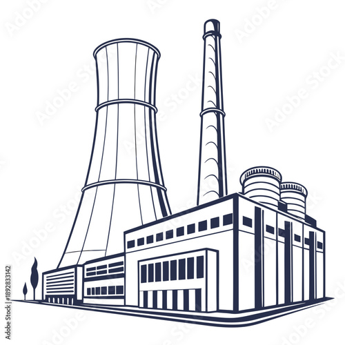 Monochrome of a nuclear power plant with cooling tower and smokestack