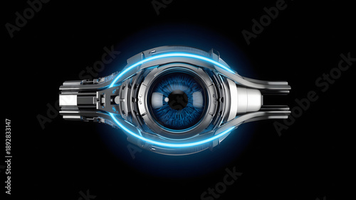 Futuristic robotic eye with glowing blue iris and metallic structure.