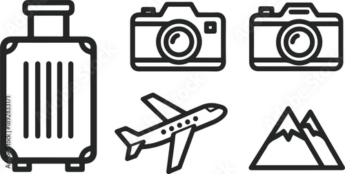 Simple black and white travel and vacation icons set
