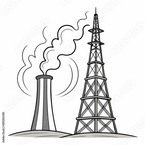 Steam rising from industrial towers smoke factory power plant