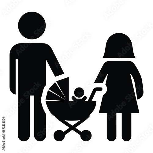 Family with baby in stroller icon, representing new parents and childcare, black silhouette