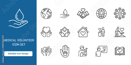 Medical Volunteer Line Icon Set with Healthcare, Support and Aid Symbols