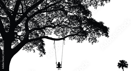 Child silhouette swinging, big tree branch, nature landscape, black and white, freedom, childhood, minimal, peaceful, outdoor, concept, illustration, art, design
