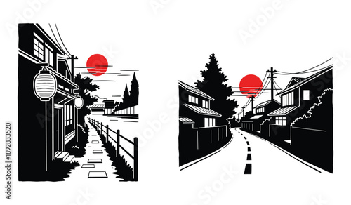 Two Japanese street scenes with red suns and traditional houses Keywords: Japan, street, town, village, houses, traditional, architecture, red sun, sky, clouds, lanterns, fence, road, path
