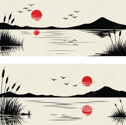 Two Horizontal Banners of Lakeside Scenery with Reeds, Birds, and Red Sun Keywords: banner, landscape, lake, water, reeds, cattails, birds, flying, red sun, sunset, sunrise, silhouette, mountains