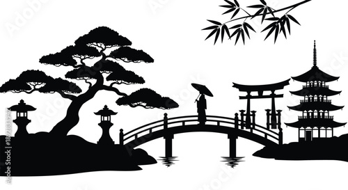 Japanese garden silhouette scene, bridge, pagoda, bamboo, bonsai tree, lanterns, umbrella, zen landscape, black and white vector illustration art design
