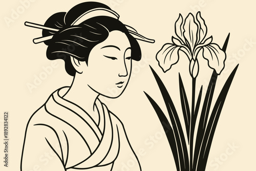 Japanese woman in traditional kimono admiring an iris flower in a minimalist style