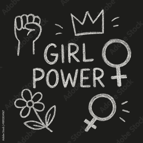 Girl Power illustration with feminist symbols and a flower in a chalkboard design