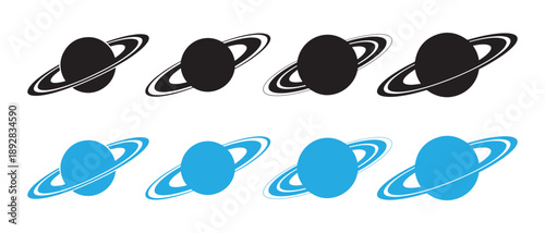 Set of Planet Icons with Rings, Black and Blue, Isolated on White Background.