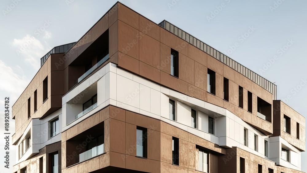 Fototapeta premium A modern multi-story building with brown and white exterior panels