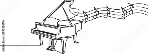 Classic piano with music notes tone one line art drawing.one line vector illustration with white background