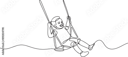 Continuous line art drawing of happy kid playing swing in the park.one line vector illustration with white background