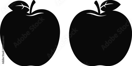 Apple silhouette set with leaves, minimal fruit illustration, black vector design isolated on white background for food, logo, packaging use