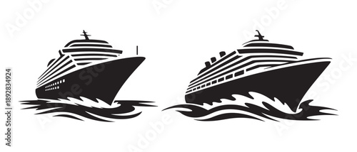 Two Cruise Ships Sailing on Waves, Isolated on White Background.