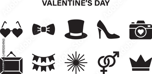 Valentine day silhouettes collection with heart sunglasses, bow tie, top hat, high heel shoe, camera, photo frame, party garland, sunburst, gender signs and crown