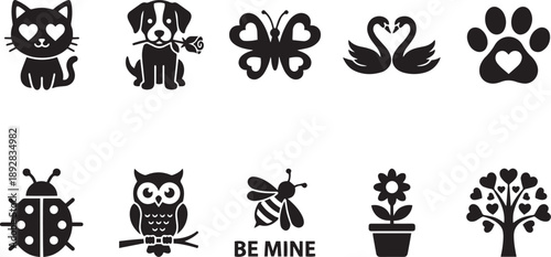 Valentine day silhouettes collection with cute cat, dog with rose, butterfly, pair of swans, paw print, ladybug, owl, bee, flower and heart tree