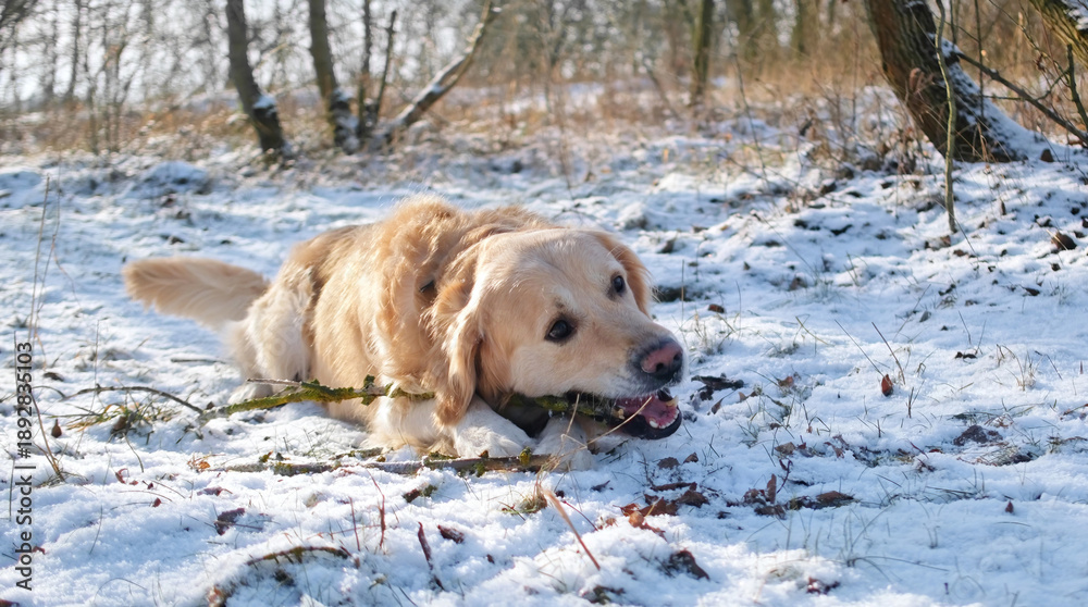 Naklejka premium Beautiful Golden Retriever Dog Enjoys Playing With A Stick During A Walk In A Winter Forest