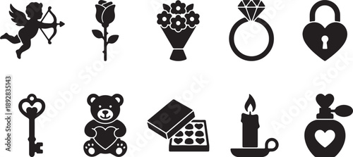 Valentine day elements featuring cupid rose flower bouquet and engagement ring with heart lock and teddy bear icons for romantic event decoration