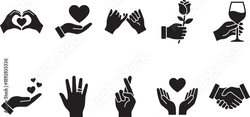 Human hands gestures set with heart shapes pinky promise and offering rose for love and relationship concept isolated on transparent background art