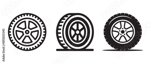 Car Tire Collection Icons Set, Different Tread Patterns, Isolated on White Background.