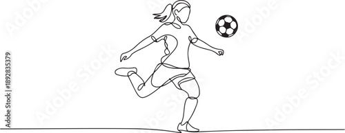 Continuous line drawing of football player kicking ball. Single one line art of young woman soccer player dribbling and juggling ball.one line vector illustration with white background