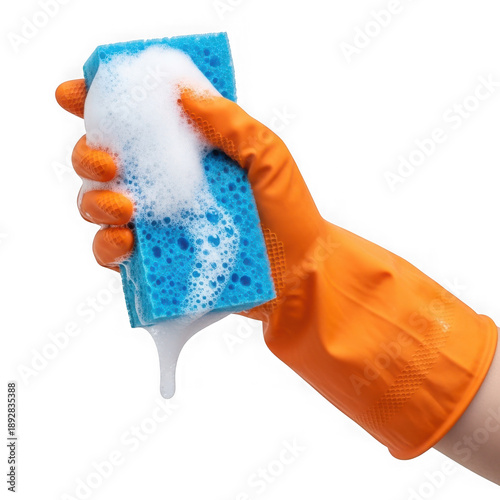 Hand wearing an orange rubber glove, holding a blue sponge with abundant white foam, ready for cleaning