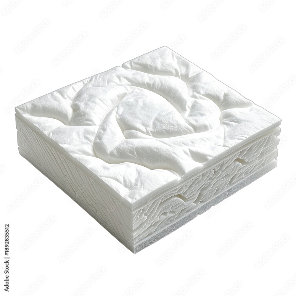 Obraz premium Cross-section sample of a plush, multi-layered white mattress topper or bedding material against a black background.