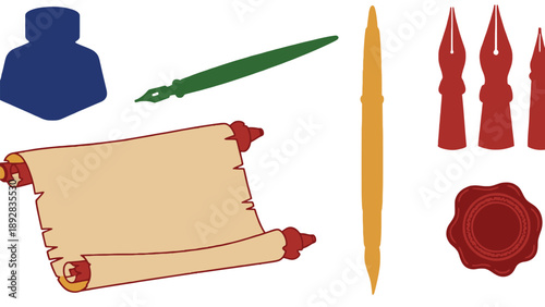 A collection of vintage writing instruments and paper on a white background