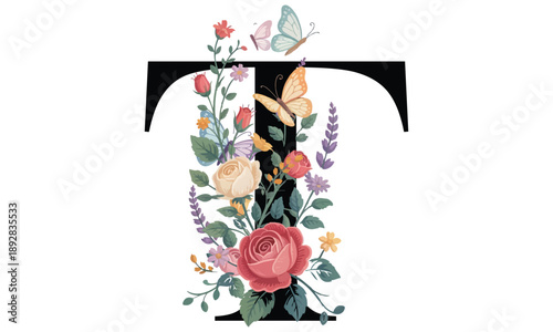 Beautiful alphabet T with floral watercolor bouquet