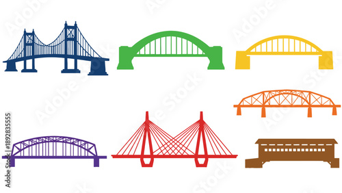 A colorful illustration of various bridge types on a white background