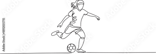 Continuous line drawing of football player kicking ball. Single one line art of young woman soccer player dribbling and juggling ball.one line vector illustration with white background