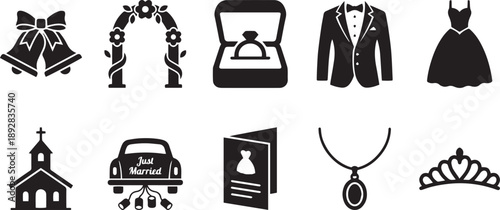 Wedding celebration icons with bells flower arch ring box and bridal dress for marriage ceremony and anniversary events isolated vector collection