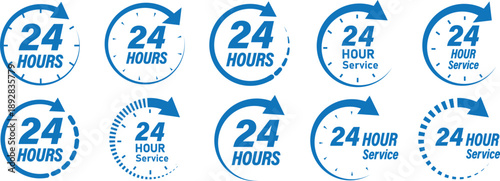 Set of red 24 hour service icons featuring clocks and circular arrows for non-stop customer support and delivery. Time twenty four icon flat simple icon. Liner version stock vector. 24 Hrs collection