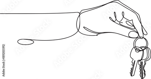 Continuous line drawing of hand giving keys to the car or apartment.one line vector illustration with white background