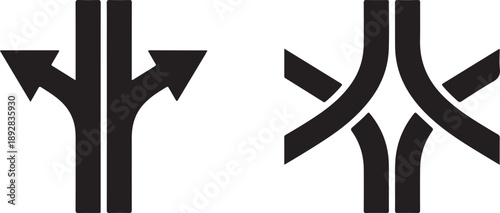 Two abstract black symbols resembling arrows or diverging paths